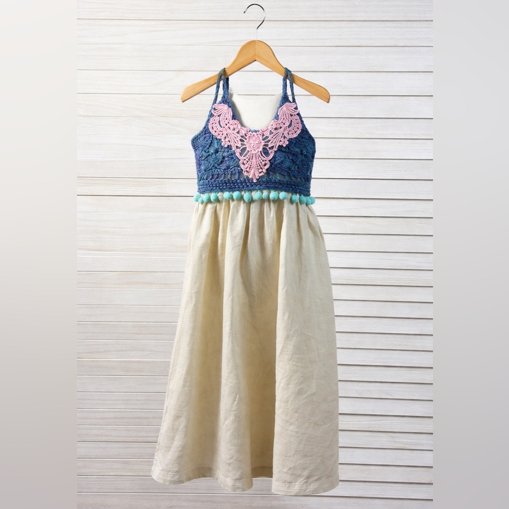 Handmade Girls Boho Crochet Maxi Dress 4T Pink Blue Linen Like Cottagecore Boho